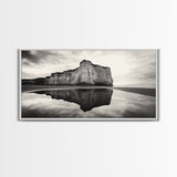 Cliff Reflection, Coastal Monolith, Seashore Beauty, Sunset Vibes, Framed Canvas Print, Living Room Art, Minimalist Beach Scene