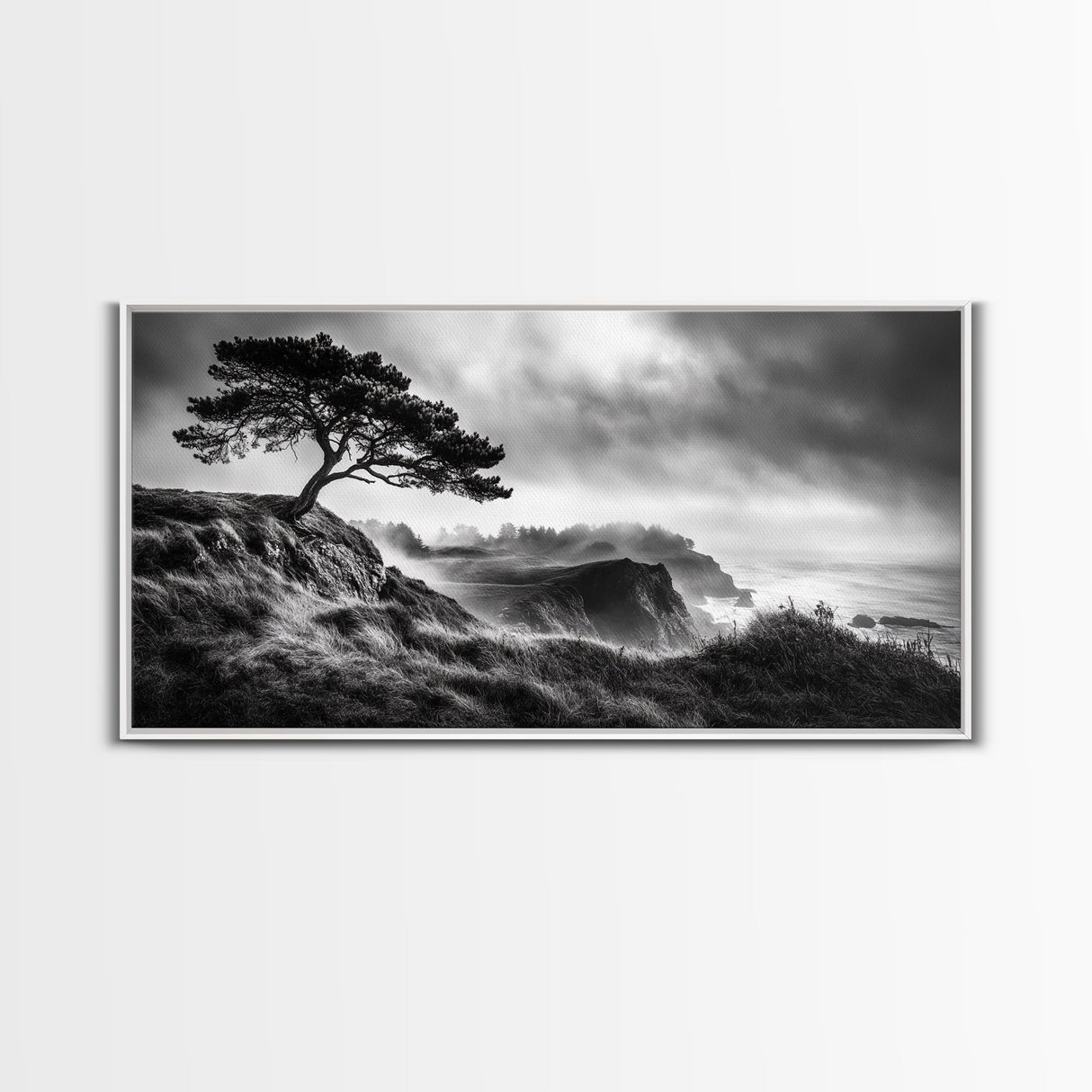 Lone Tree, Foggy Cliffs, Dramatic Landscape, Moody Sky, Framed Canvas Print, Nature Wall Art, Cabin Decor, Autumn Coastal Vibes