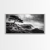 Lone Tree, Foggy Cliffs, Dramatic Landscape, Moody Sky, Framed Canvas Print, Nature Wall Art, Cabin Decor, Autumn Coastal Vibes