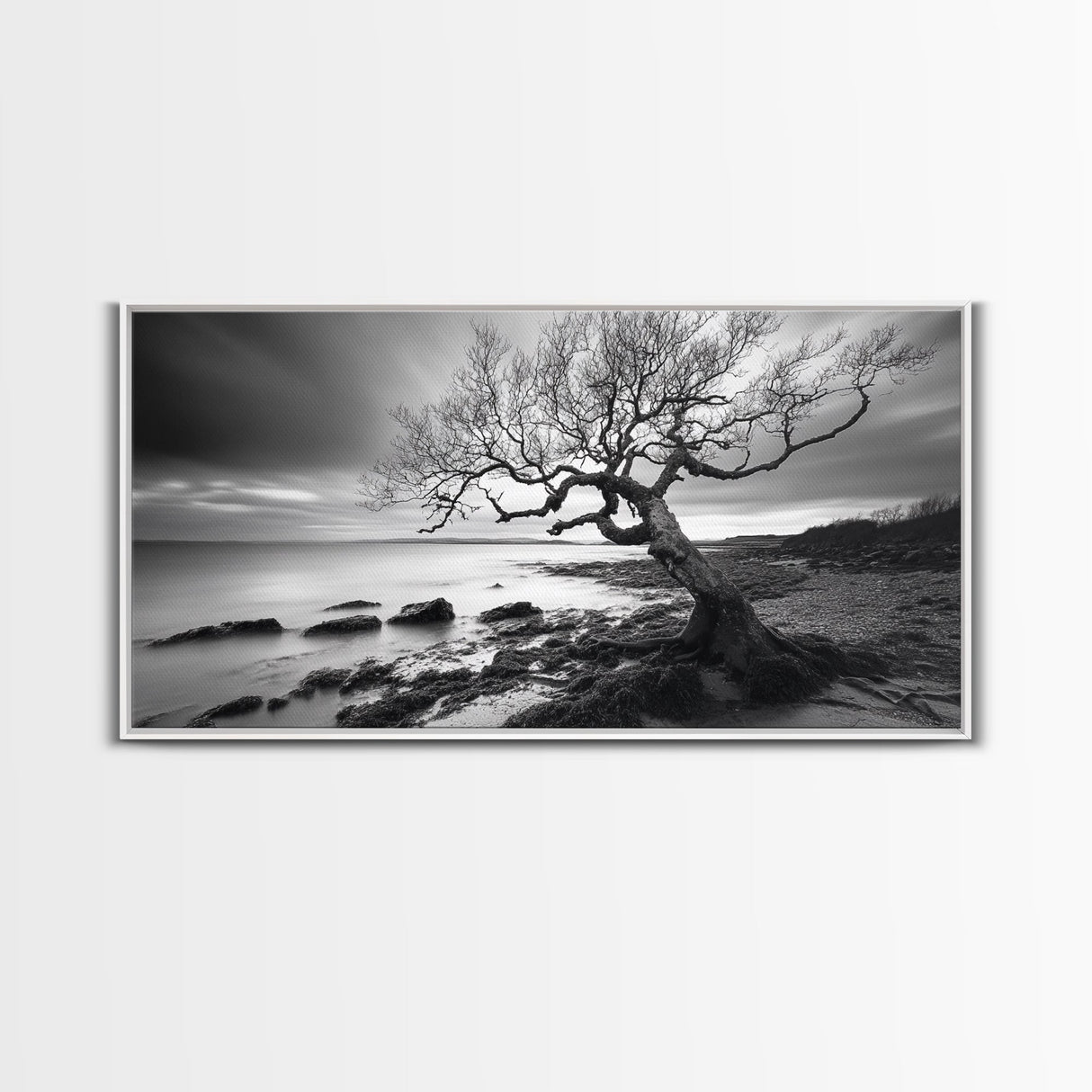 Coastal Tree, Tidal Shore, Windswept Beauty, Natural Balance, Framed Canvas Print, Bedroom Wall Art, Boho Decor, Serene Seascape