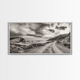 Coastal Road, Scenic Journey, Ocean Path, Cloudy Sky, Framed Canvas Print, Rustic Wall Art, Entryway Wanderlust Landscape, Coastal House