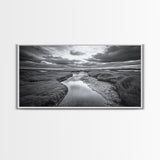 Marshland Serenity, River Flow, Cloudy Mood, Nature Calm, Framed Canvas Print, Coastal Wall Art, Bathroom Tranquil Landscape