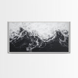 Ocean Texture, Crashing Waves, Abstract Sea, Monochrome Motion, Framed Canvas Print, Coastal Wall Art, Bathroom Minimalist Decor