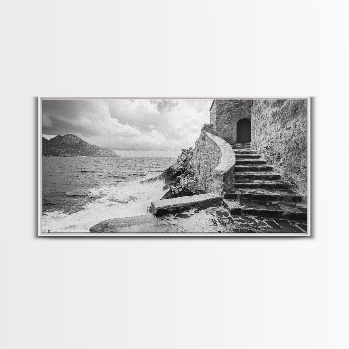 Stone Stairway, Ocean Cliff, Coastal Architecture, Mediterranean Charm, Framed Canvas Print, Rustic Wall Art, Entryway Travel Decor