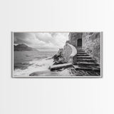 Stone Stairway, Ocean Cliff, Coastal Architecture, Mediterranean Charm, Framed Canvas Print, Rustic Wall Art, Entryway Travel Decor