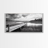 Marsh Dock Scene, Tranquil Water Landscape, Rustic Pier Canvas Print, Black and White Nature, Entryway Art, Coastal Country Home Decor