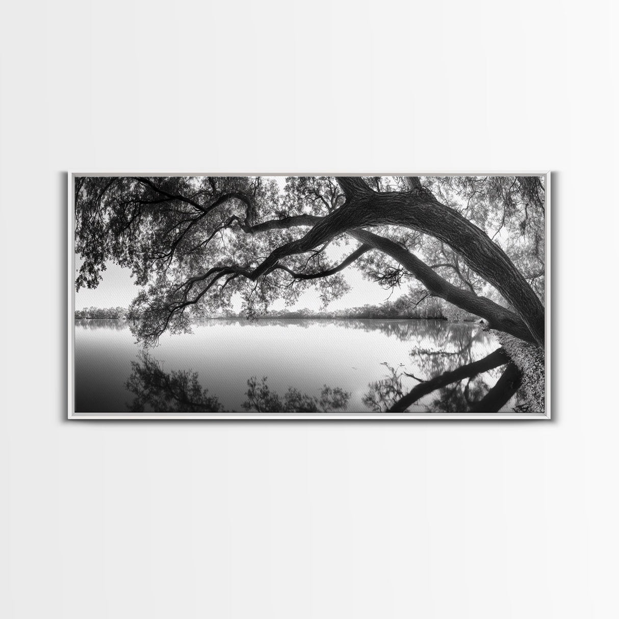 Serene Lake View, Tree Reflections, Calm Nature Landscape, Framed Canvas Print, Minimalist Bedroom or Spa Bathroom Wall Art