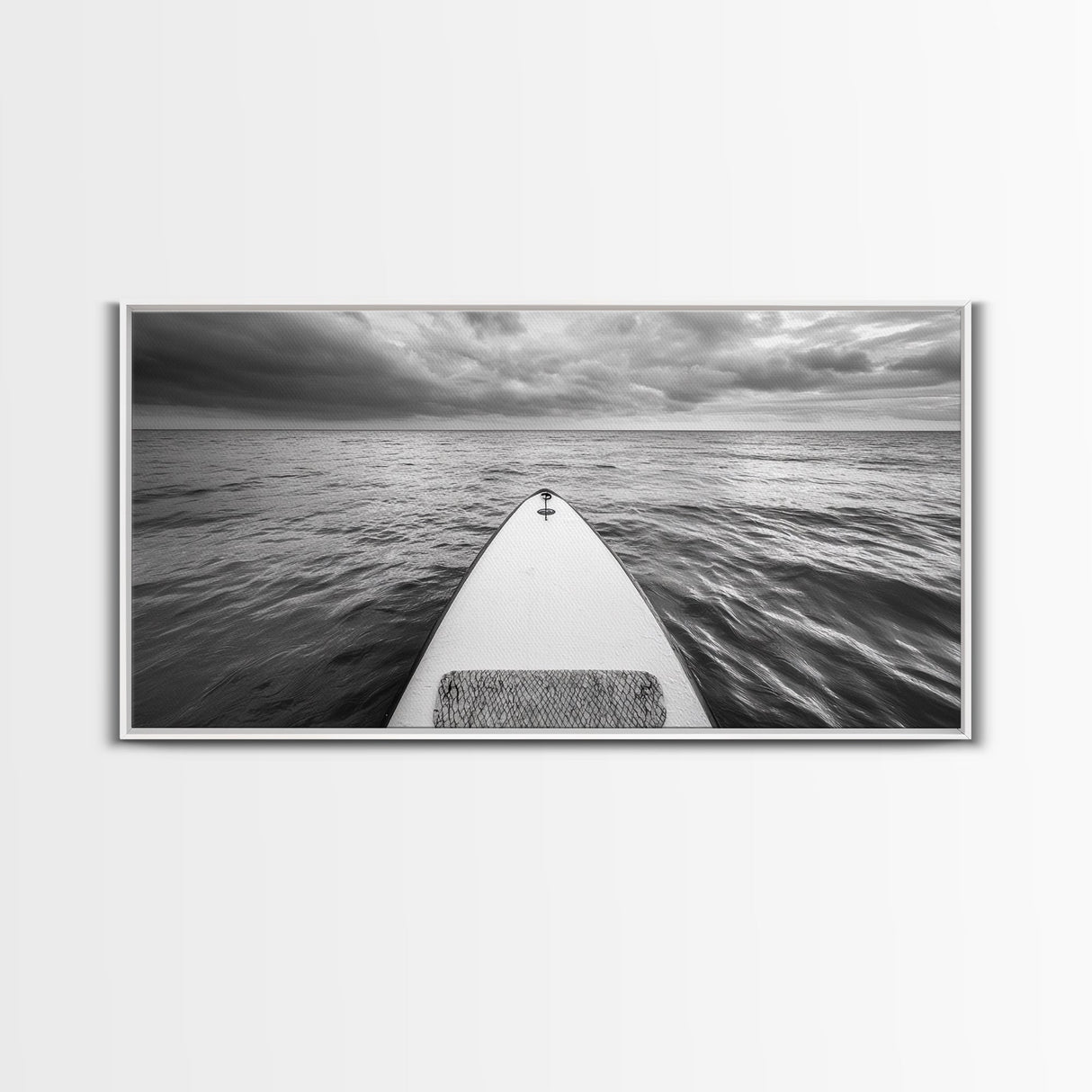 Ocean Horizon Board, Paddleboarding Adventure, Cloudy Sea Landscape, Framed Canvas Print, Modern Coastal Office or Living Room Art