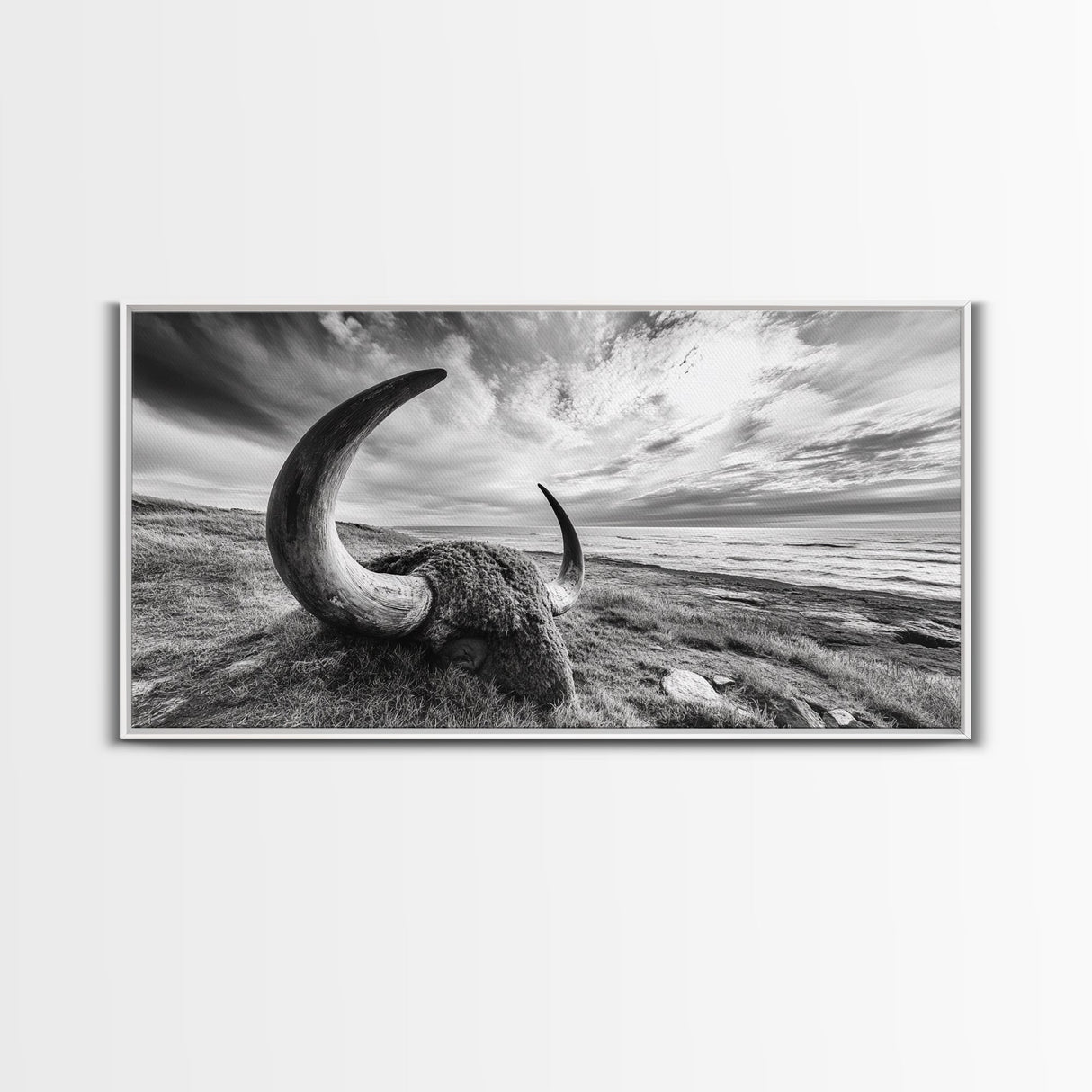 Highland Bull, Ocean Cliff, Coastal Wildlife, Nature Scene, Framed Canvas Print, Rustic Wall Decor, Farmhouse Wall Art, Cabin Aesthetic