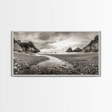 Coastal Pebble Beach, Pacific Shoreline, Serene Nature Landscape, Framed Canvas Print, Neutral Bedroom or Fall Living Room Wall Art