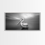 Ocean Pelican, Peaceful Bird Portrait, Coastal Wildlife Art, Framed Canvas Print, Minimalist Entryway or Beach House Wall Art