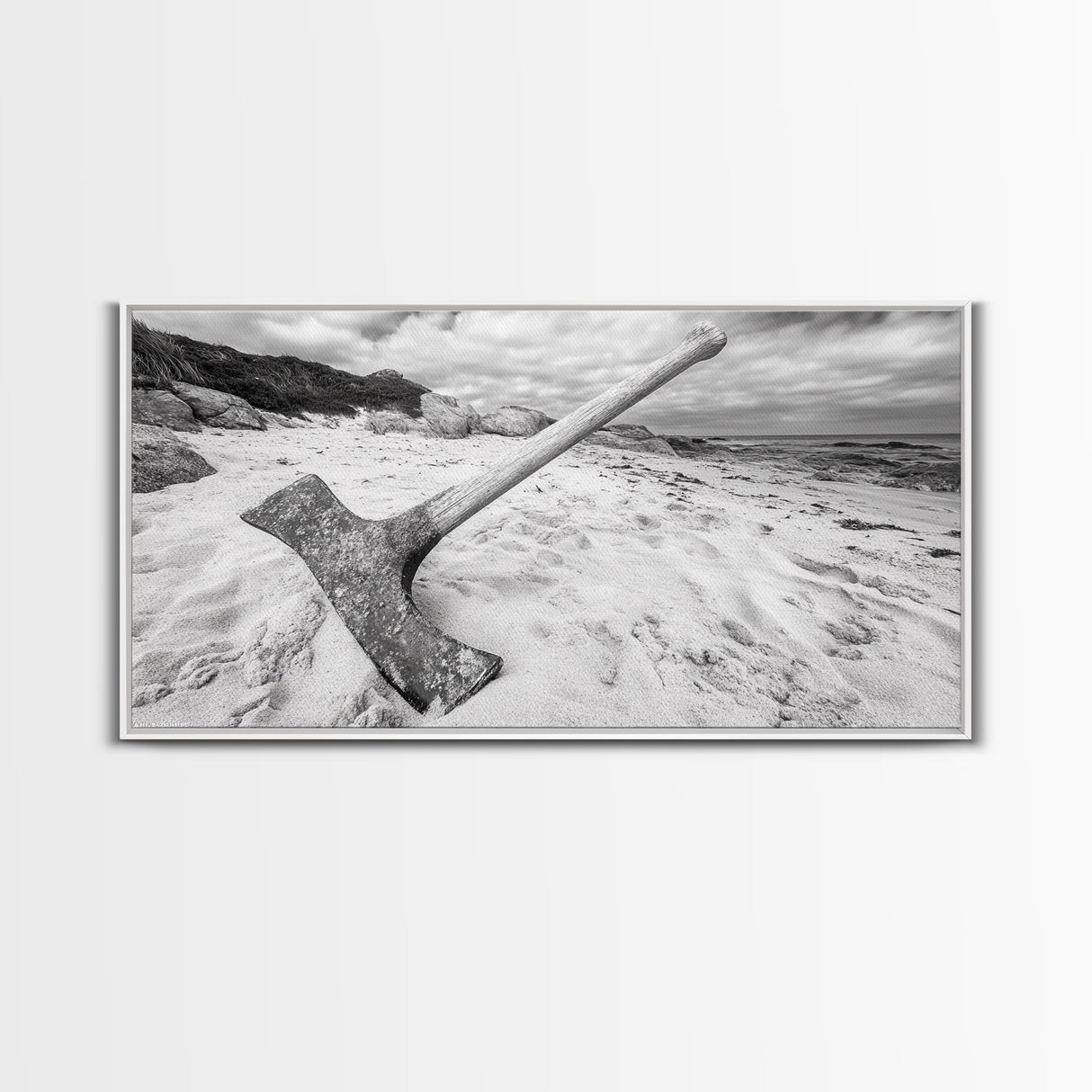 Axe in Sand, Abandoned Tool Scene, Rustic Coastal Mood, Framed Canvas Print, Cabin Wall Art or Moody Fall Living Room Decor, Bathroom Wall Art
