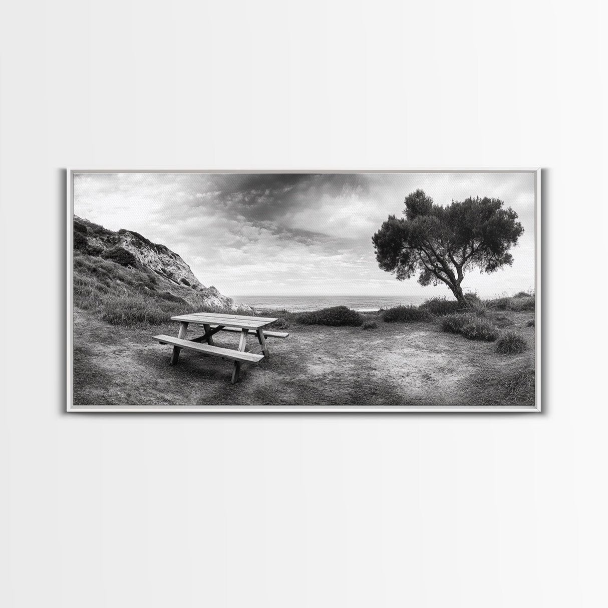 Picnic Table View, Coastal Meadow Scene, Tree and Cliff Horizon, Framed Canvas Print, Relaxing Kitchen or Outdoor Patio Wall Art