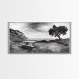 Picnic Table View, Coastal Meadow Scene, Tree and Cliff Horizon, Framed Canvas Print, Relaxing Kitchen or Outdoor Patio Wall Art
