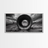 Storm Drain Pipe, Industrial Perspective, Moody Cloudscape, Framed Canvas Print, Urban Loft Decor or Dramatic Modern Wall Art