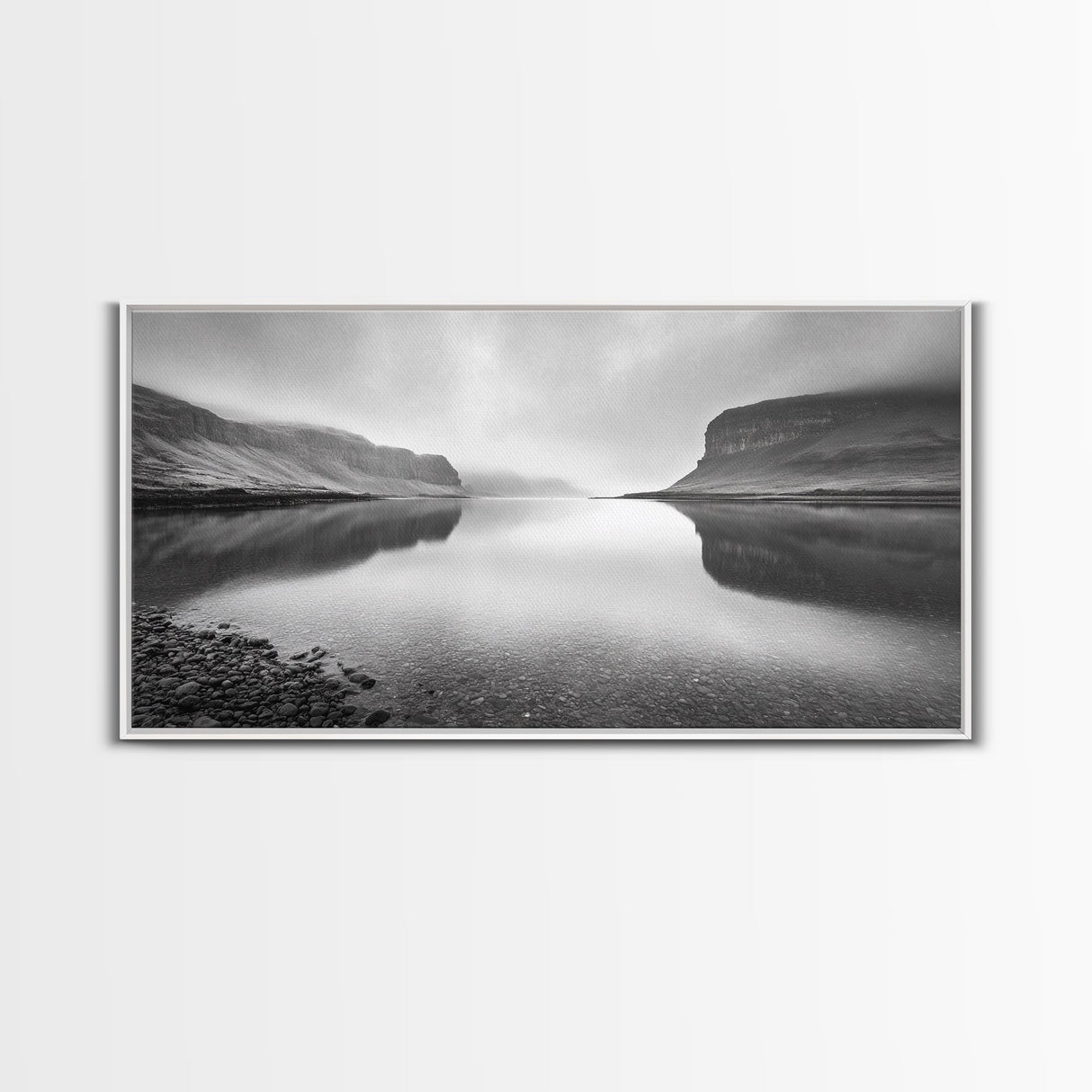 Misty Fjord Reflection, Calm Water Scene, Nordic Landscape, Peaceful Wall Decor, Canvas Print, Office Wall Art, Minimalist Mountains