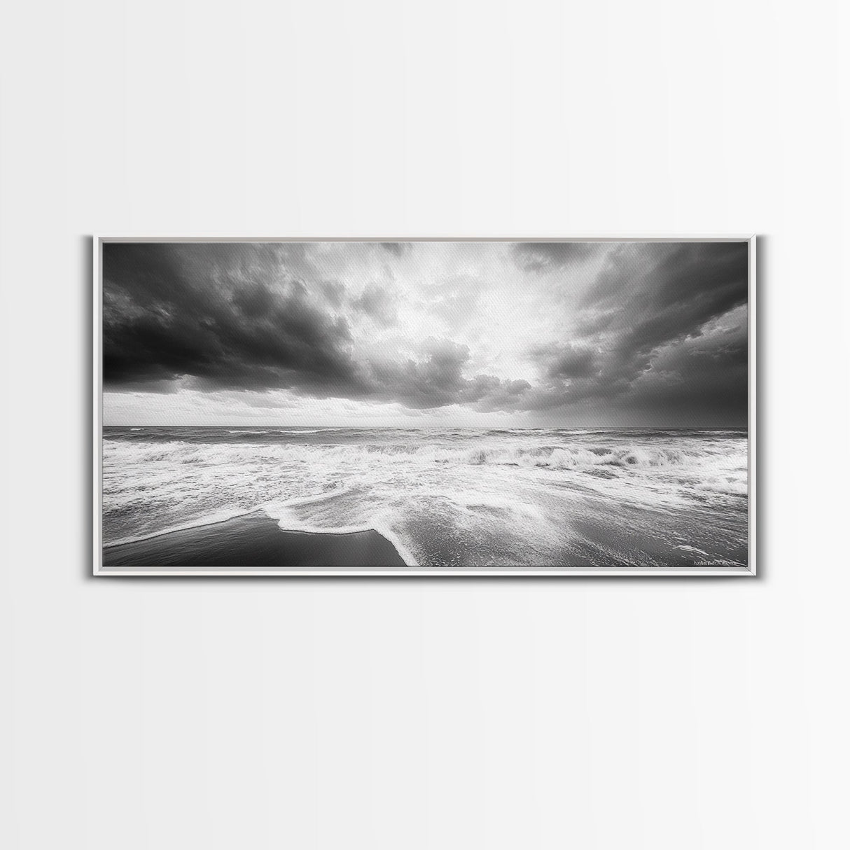 Stormy Sea, Ocean Waves, Monochrome Seascape, Dramatic Beach View, Framed Canvas Print, Nautical Wall Art, Bathroom Coastal Decor