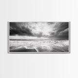 Stormy Sea, Ocean Waves, Monochrome Seascape, Dramatic Beach View, Framed Canvas Print, Nautical Wall Art, Bathroom Coastal Decor