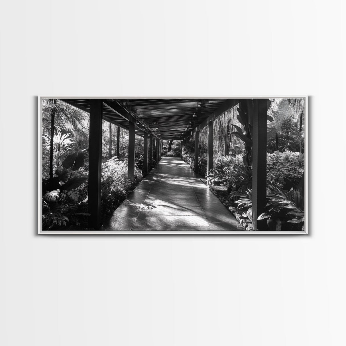 Serene Garden Pathway, Nature Tunnel Walk, Tropical Jungle Scene, Framed Canvas Print, Minimalist Art, Living Room Wall Decor