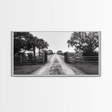 Rustic Gate Trail, Southern Country Road, Tree-Lined Entry, Framed Canvas Print, Farmhouse Style, Entryway or Office Wall Art
