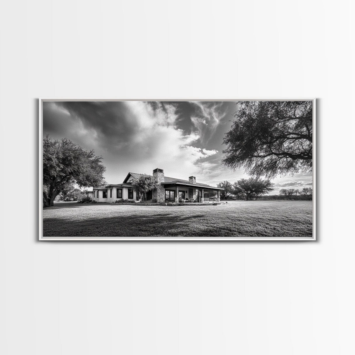 Southwestern Ranch Home, Texas House Scene, Peaceful Rural Living, Framed Canvas Print, Rustic Landscape Art, Living Room Decor