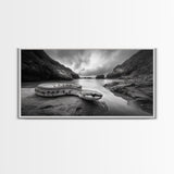 Ocean Snake Landscape, Coastal Creature Scene, Black and White Reptile, Framed Canvas Print, Moody Art, Bedroom or Den Decor