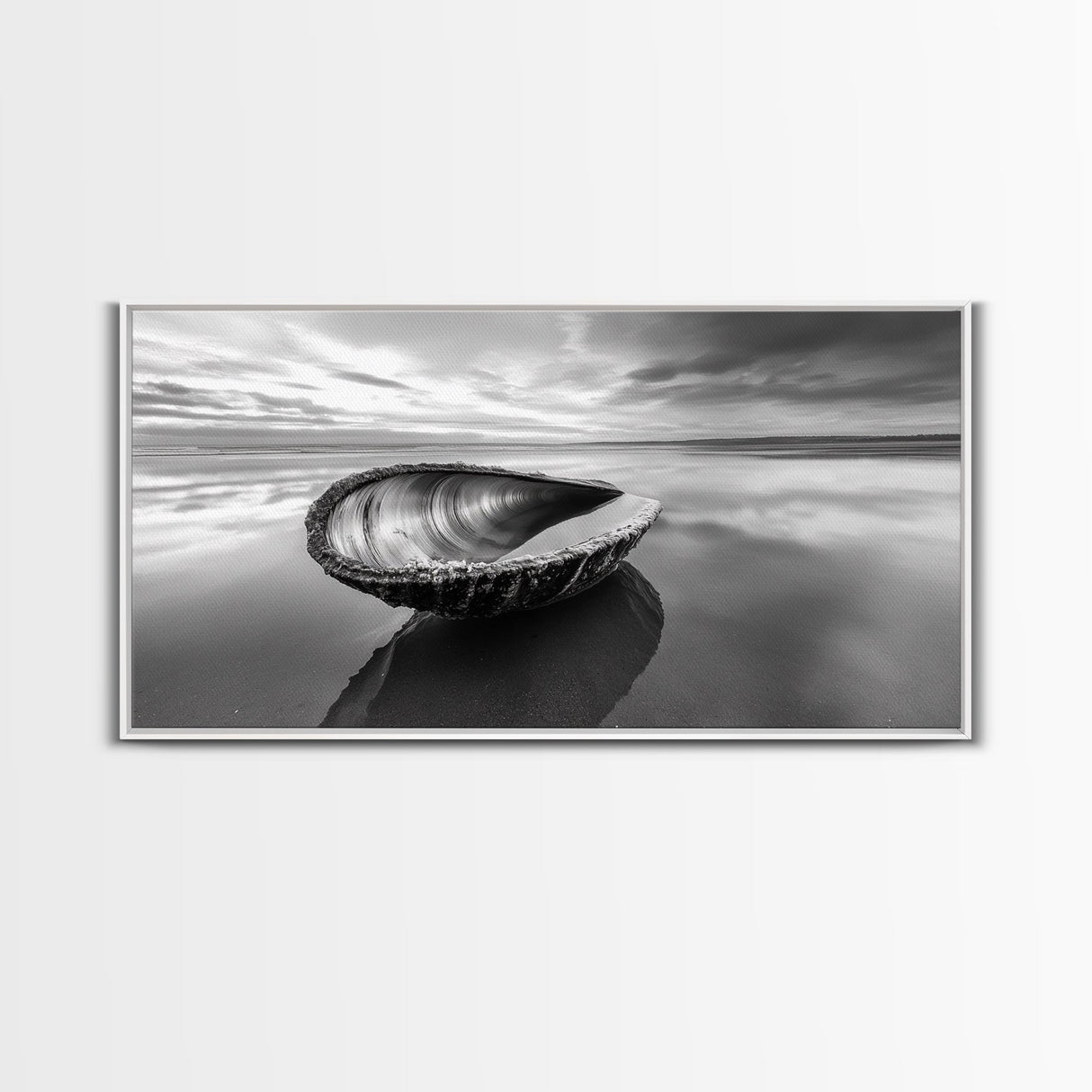 Seashell Shore Still, Ocean Reflection Calm, Beach Shell Close-Up, Framed Canvas Print, Coastal Minimalism, Bathroom Wall Art