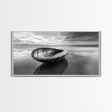 Seashell Shore Still, Ocean Reflection Calm, Beach Shell Close-Up, Framed Canvas Print, Coastal Minimalism, Bathroom Wall Art