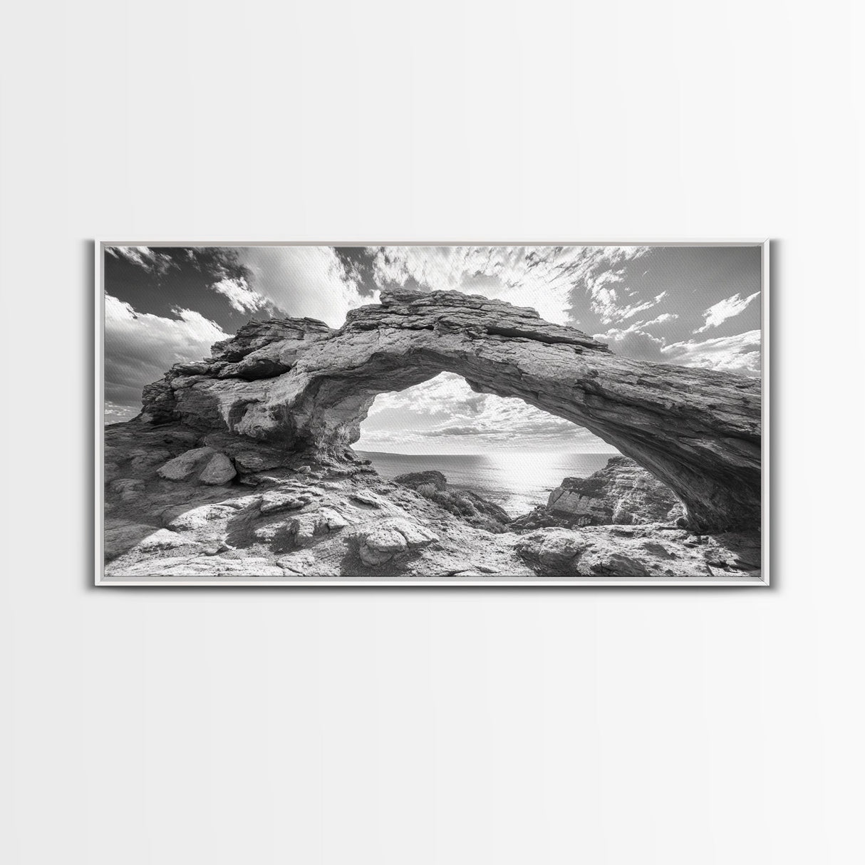 Natural Rock Arch, Seaside Cliff View, Desert Coastal Window, Framed Canvas Print, Boho Earth Tones, Living Room Wall Decor
