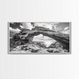 Natural Rock Arch, Seaside Cliff View, Desert Coastal Window, Framed Canvas Print, Boho Earth Tones, Living Room Wall Decor