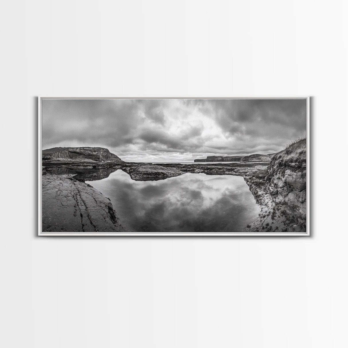 Reflected Cliffs, Stormy Sky, Coastal View, Dramatic Landscape, Canvas Print, minimalist art, office decor, moody black and white wall art
