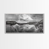 Reflected Cliffs, Stormy Sky, Coastal View, Dramatic Landscape, Canvas Print, minimalist art, office decor, moody black and white wall art