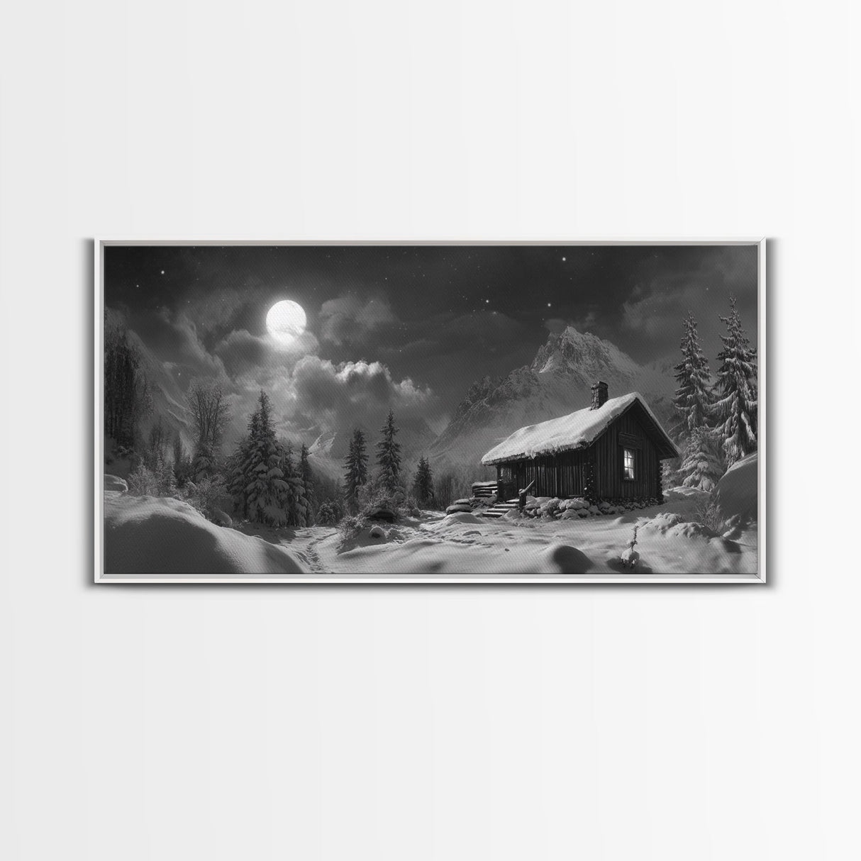 Snowy Cabin, Winter Night, Starry Sky, Cozy Mountain Scene, Framed Canvas Print, rustic lodge decor, Christmas art, bedroom wall print