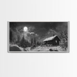 Snowy Cabin, Winter Night, Starry Sky, Cozy Mountain Scene, Framed Canvas Print, rustic lodge decor, Christmas art, bedroom wall print