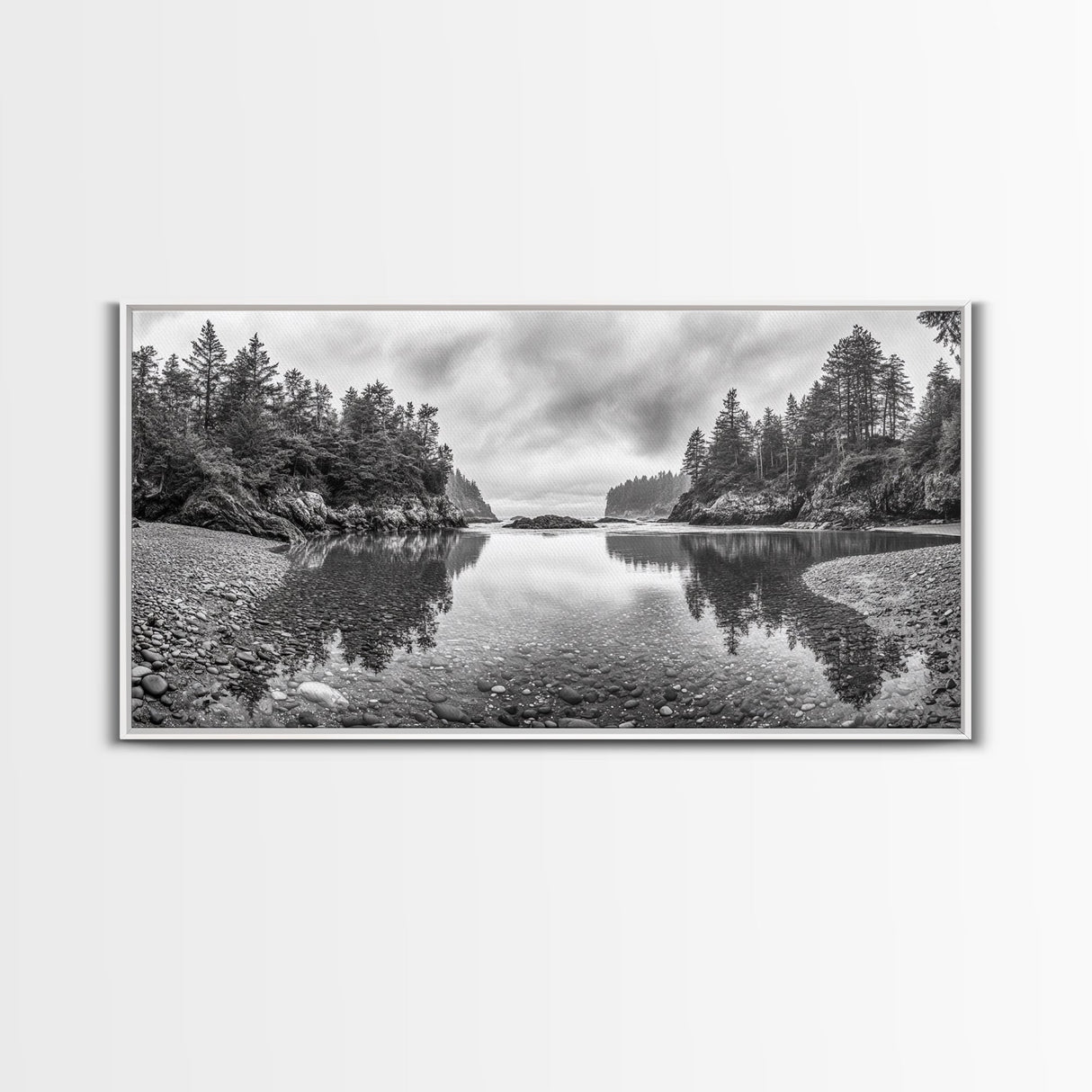 Forest Shoreline, Pebble Beach, Misty Inlet, Calm Waters, Canvas Print, natural modern art, neutral palette, living room wall decor