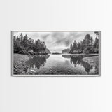 Forest Shoreline, Pebble Beach, Misty Inlet, Calm Waters, Canvas Print, natural modern art, neutral palette, living room wall decor