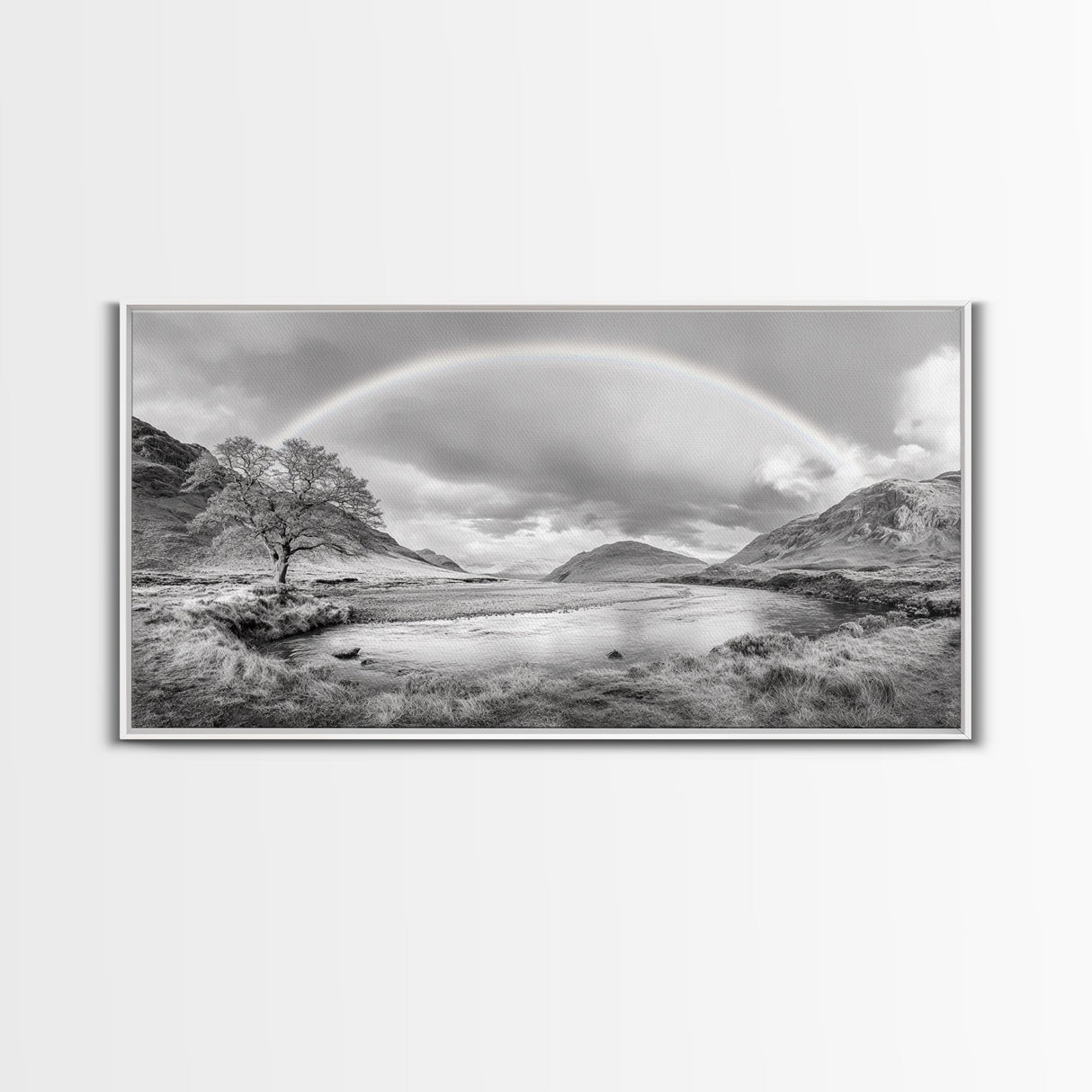 Rainbow, River Valley, Highland Scene, Minimalist Landscape Art, Framed Canvas Print, Entryway Decor, Rustic Nature Print, Calming Wall Art