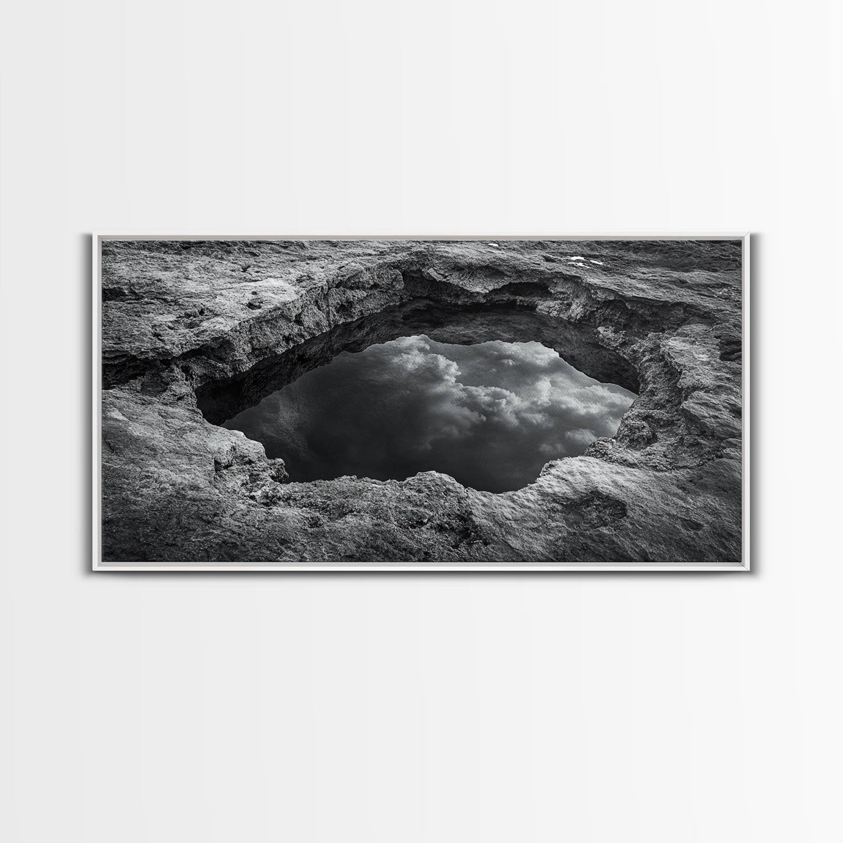 Sky Reflection, Stone Pool, Abstract Nature, Moody Minimalist Art, Framed Canvas Print, Bedroom Wall Art, Contemporary Monochrome Decor