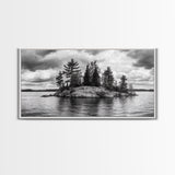 Lake Island, Pine Trees, Nature Panorama, Black and White Wilderness, Framed Canvas Print, Office Wall Art, Outdoor Inspired Decor