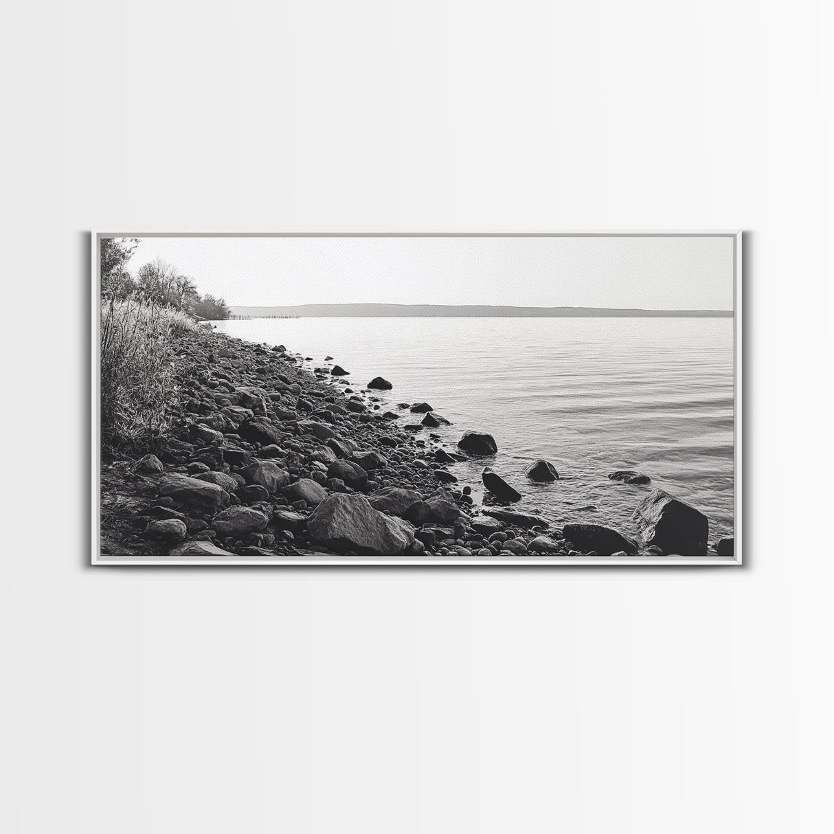 Shoreline Rocks, Quiet Water, Still Landscape, Coastal Photography, Canvas Print, Minimalist Office Art, Calm Nature Scene
