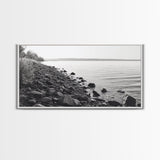 Shoreline Rocks, Quiet Water, Still Landscape, Coastal Photography, Canvas Print, Minimalist Office Art, Calm Nature Scene