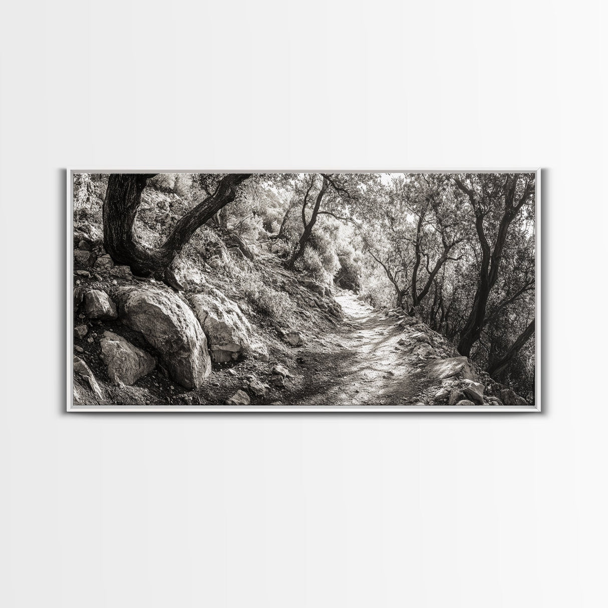 Woodland Trail, Autumn Path, Tree Tunnel, Rustic Outdoor Vibe, Framed Canvas Print, Entryway Nature Art, Moody Forest Decor