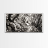Woodland Trail, Autumn Path, Tree Tunnel, Rustic Outdoor Vibe, Framed Canvas Print, Entryway Nature Art, Moody Forest Decor