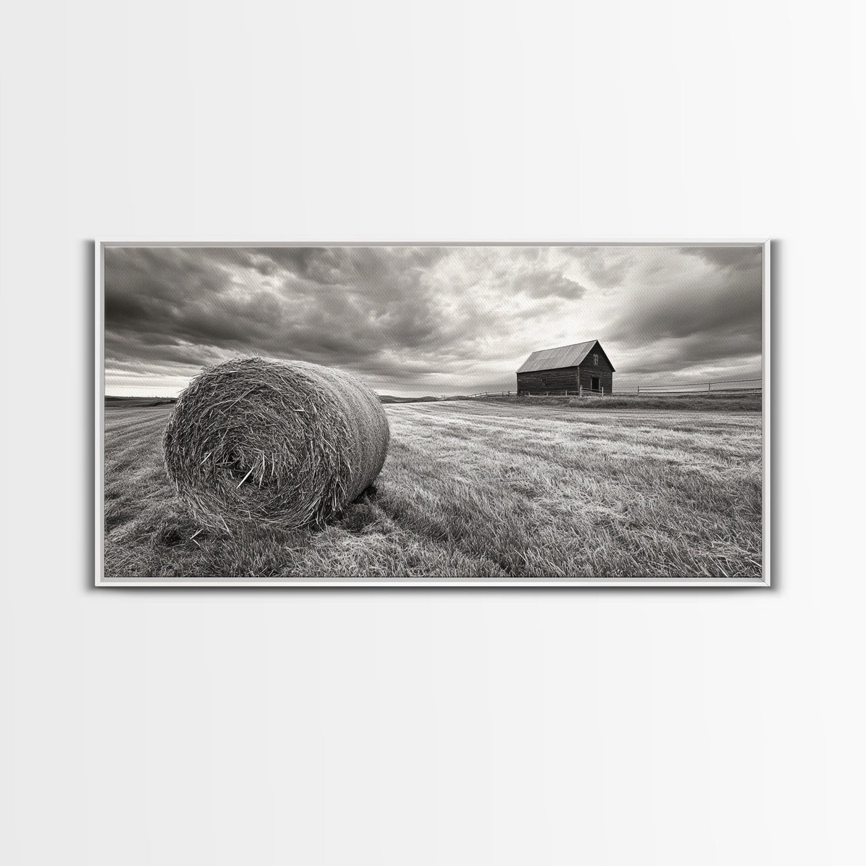 Barn Field, Hay Bale, Rural Farmland Scene, Autumn Countryside Art, Canvas Print, Farmhouse Wall Decor, Rustic Fall Living Room Art