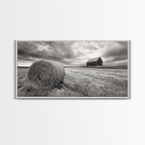 Barn Field, Hay Bale, Rural Farmland Scene, Autumn Countryside Art, Canvas Print, Farmhouse Wall Decor, Rustic Fall Living Room Art