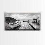 Rowboat Dock, Harbor Scene, Calm Waters, Quiet Morning, Framed Canvas Print, Lakeside Cabin Wall Art, Rustic Nautical Decor, Cabin Decor