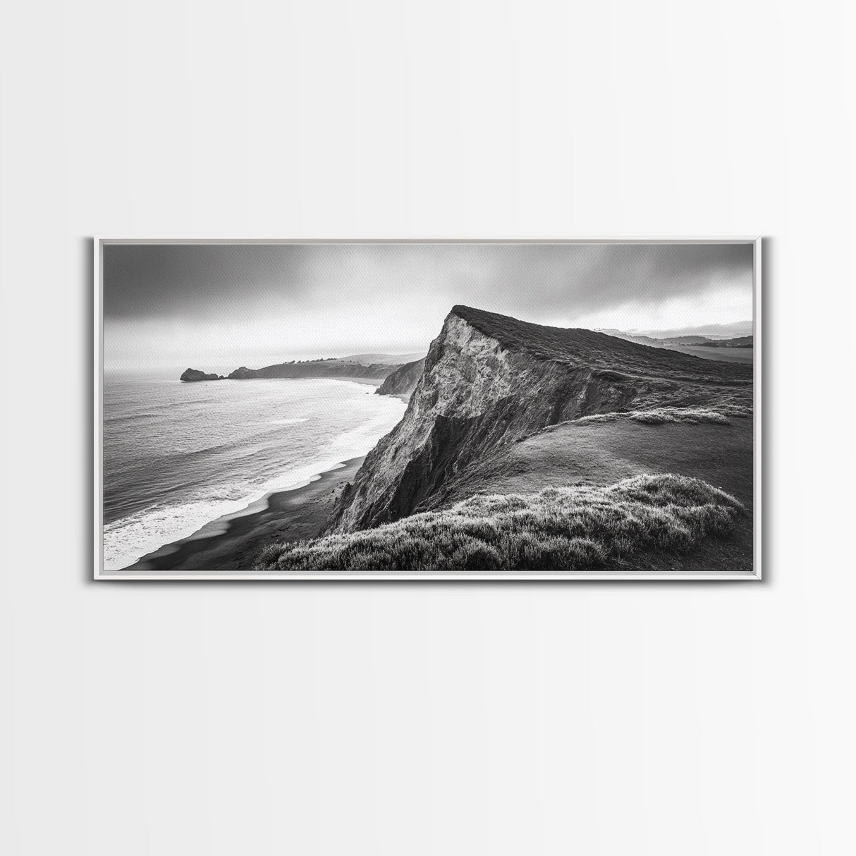 Cliffside Shoreline, Coastal Landscape Art, Ocean Horizon Scene, Canvas Print, Living Room Wall Art, Modern Seaside Minimalist Decor