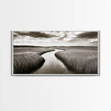 Winding River, Marsh Grass, Nature Path, Sepia Tones, Framed Canvas Print, Country Wall Art, Entryway Decor, Rustic Landscape Aesthetic