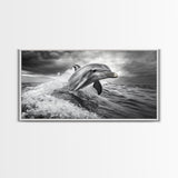 Leaping Dolphin, Ocean Life, Marine Animal, Waves Splashing, Framed Canvas Print, Coastal Kids Room Art, Beach House Decor