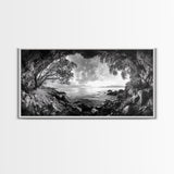Ocean Cave View, Coastal Tree Framing, Tranquil Sea Scene, Nature Window Art, Framed Canvas Print, Bedroom Wall Art, Zen Decor